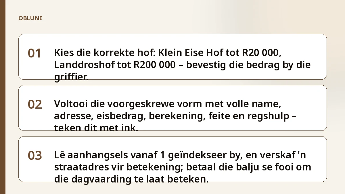 Dagvaarding uitreik: jou eis-pakket dokument vir dokument