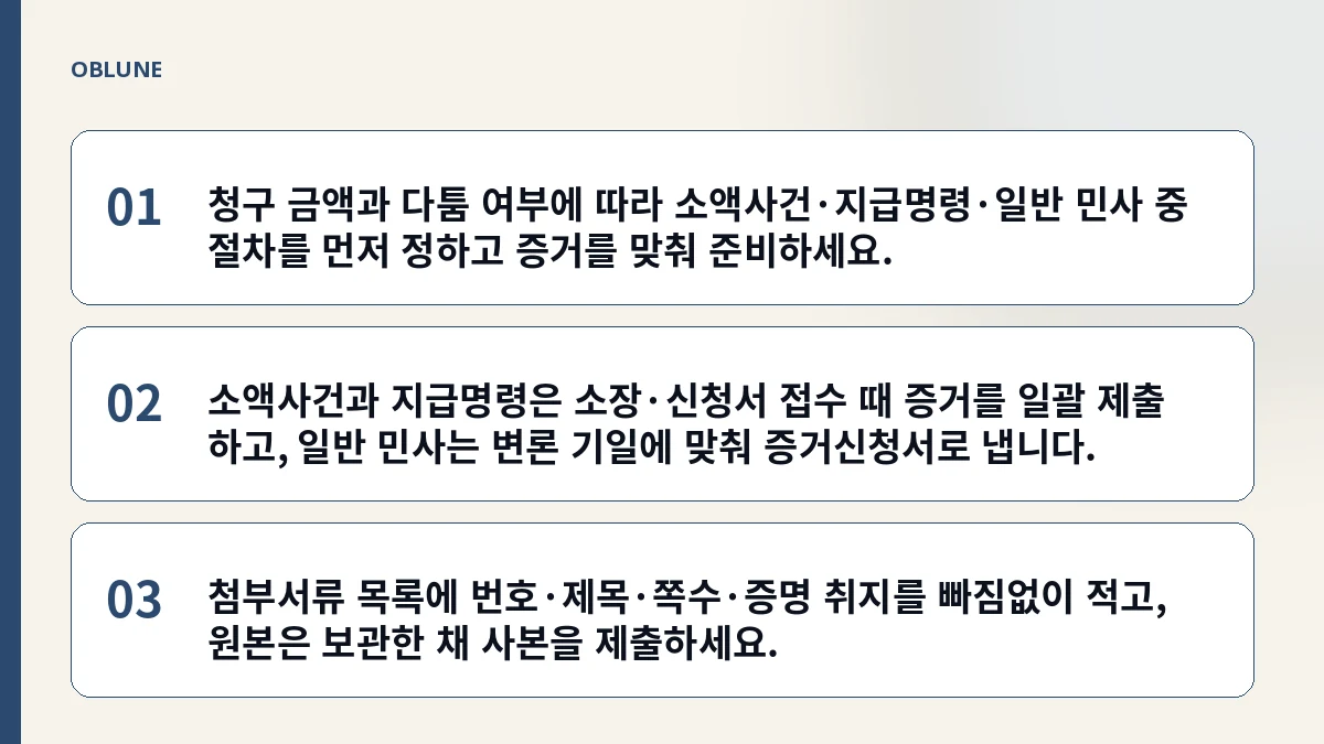 소액사건·지급명령·일반민사, 증거 자료 준비 어떻게 다를까