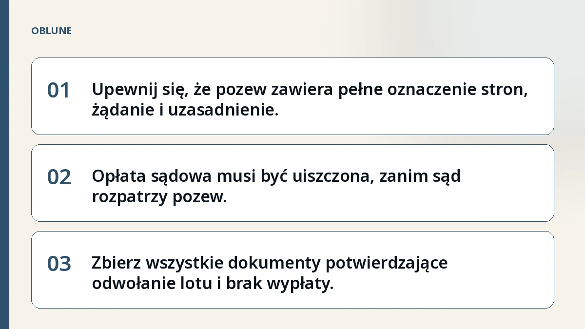 Odwołany lot odszkodowanie: co sąd wymaga w pozwie